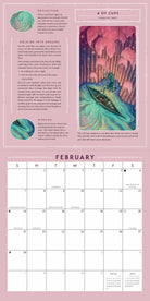 A pink February calendar page featuring inspirational quotes, circular artwork, and a large fantasy illustration of a figure in a boat on water, with a monthly grid at the bottom.