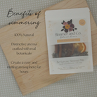 A package of Simmer and Co. Be Serene Simmer Mix natural aroma sachets is displayed on a light wooden board with text overlays detailing the benefits of simmering.