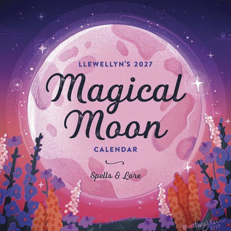 Magical Moon calendar cover with a pink moon and floral design on a purple background