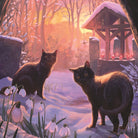 A fantasy-style winter scene with two black cats standing in snow beside a wooden structure lit by candles, with tombstones, snowdrops, and a glowing orange sunset in the background.