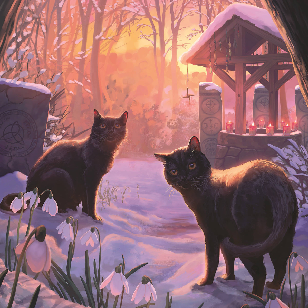 A fantasy-style winter scene with two black cats standing in snow beside a wooden structure lit by candles, with tombstones, snowdrops, and a glowing orange sunset in the background.