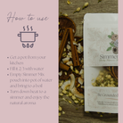 Instructions on how to use simmer mix with packaging and ingredients on a wooden surface.