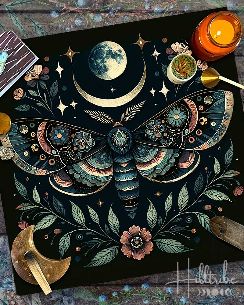 Decorative altar cloth with a moth, moon, and stars design on a dark background.