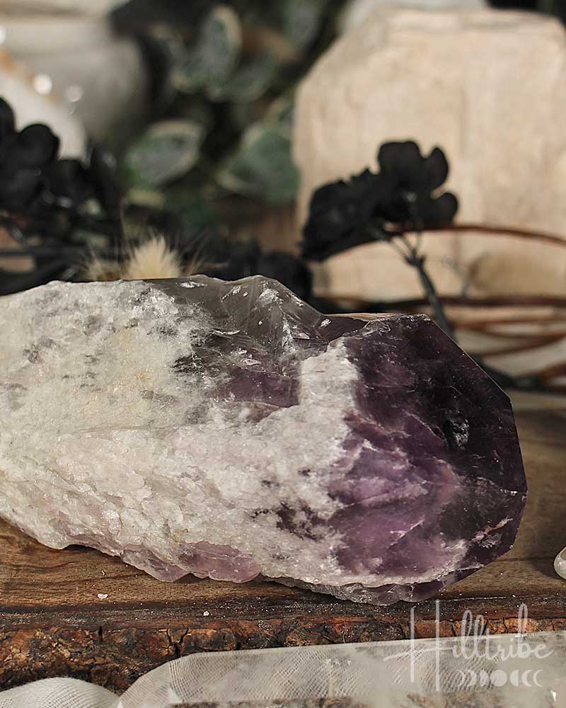 Amethyst crystal on a wooden surface with blurred plants in the background