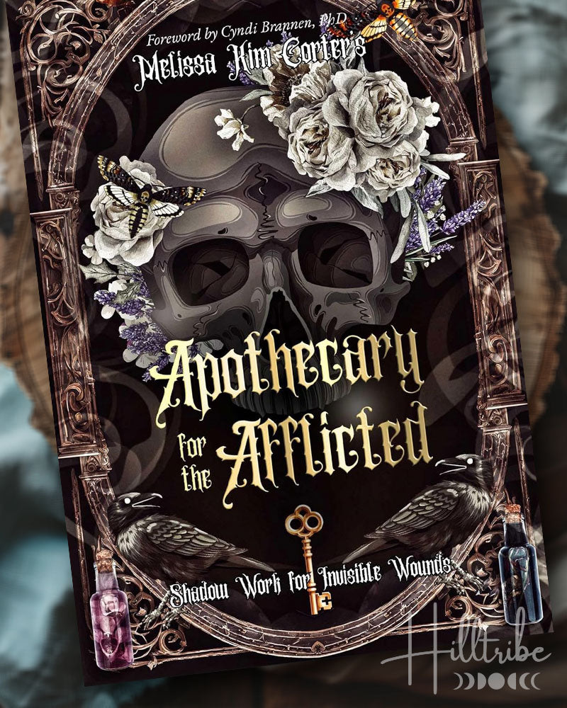 Book cover of 'Apothecary for the Afflicted' with skull and floral design.