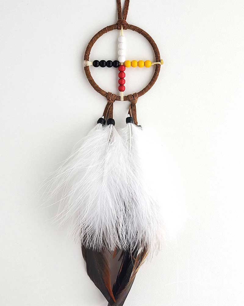 Dreamcatcher with feathers and beads on a white background