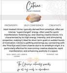 Informational card about heat-treated citrine with a crystal image on a white background.