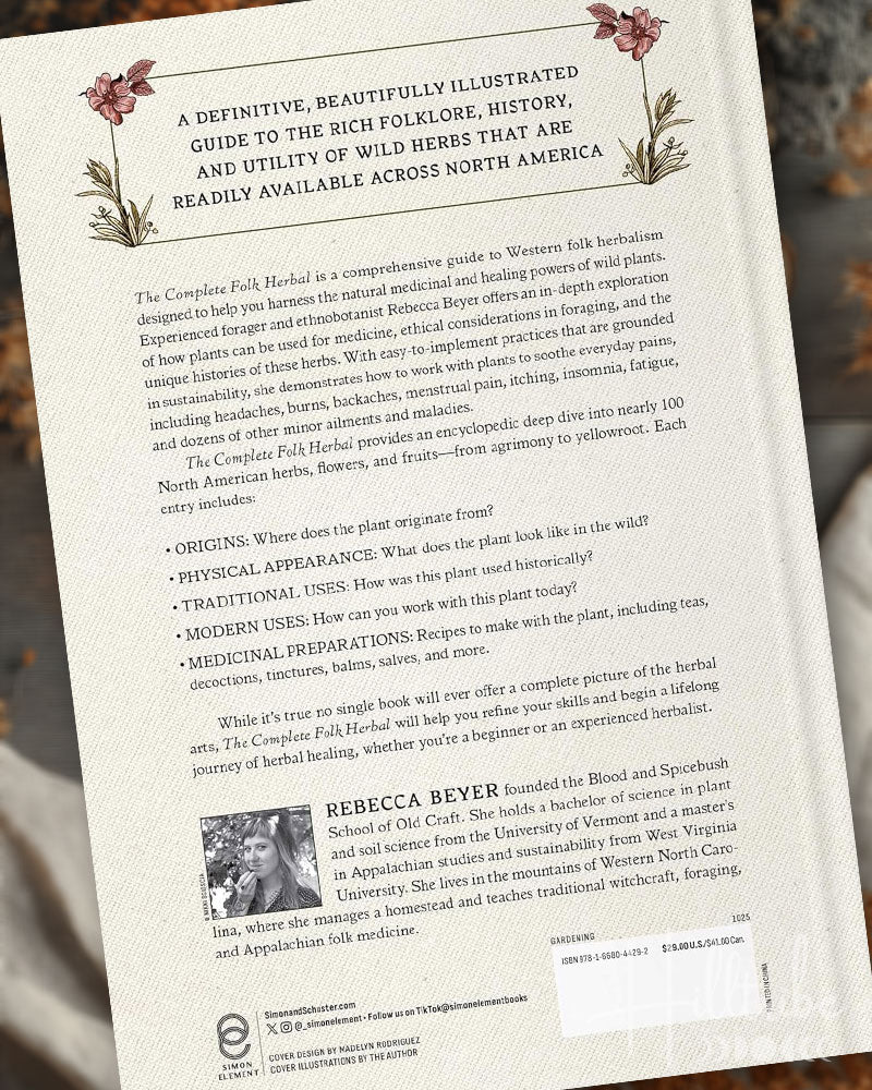 Booklet with text and illustrations about wild herbs, featuring a photo of a woman on the back.
