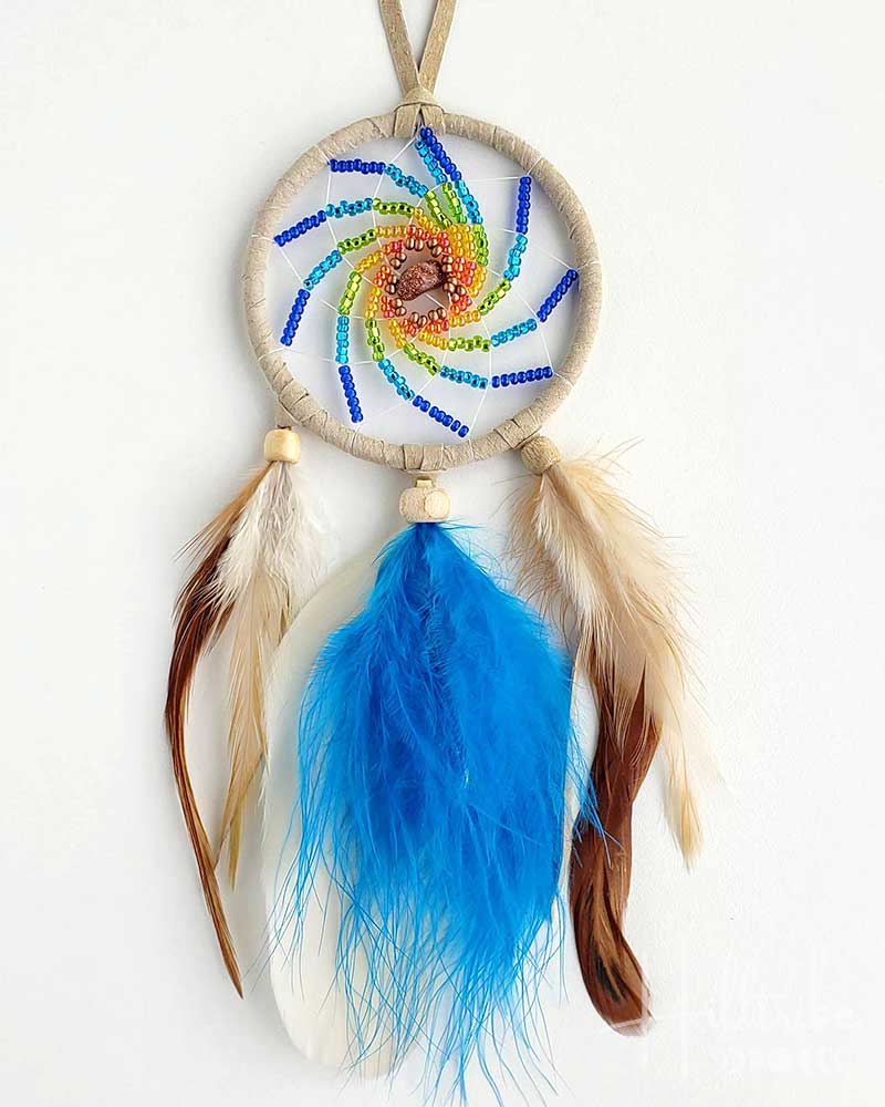 Colorful dreamcatcher with feathers on a white background