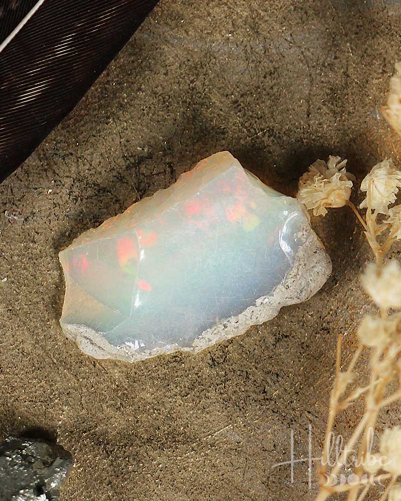 Opal stone on a sandy surface with dried plants