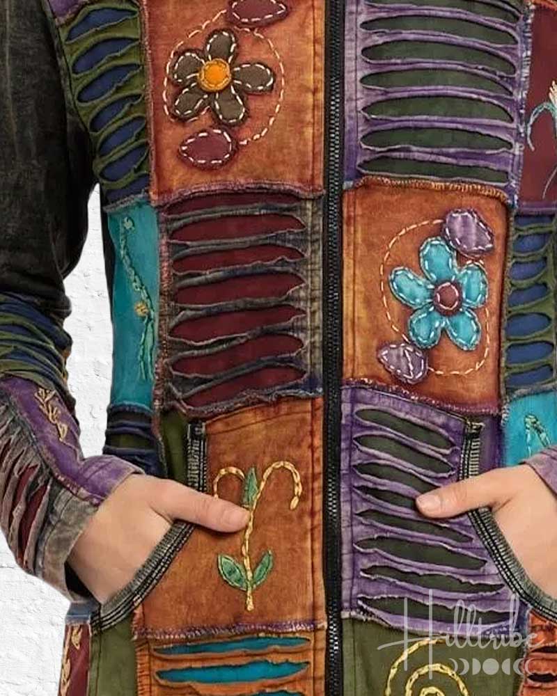 Colorful patchwork jacket with floral and abstract designs.