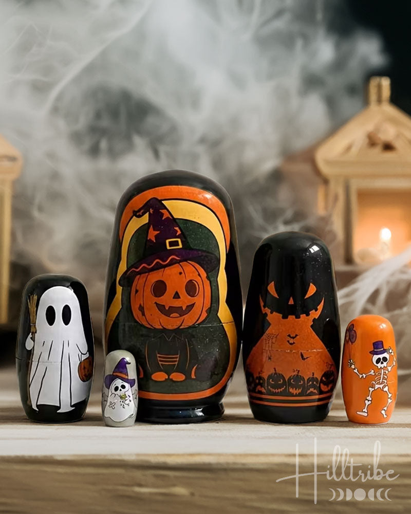 skeleton nesting doll on witchy backdrop with smoke