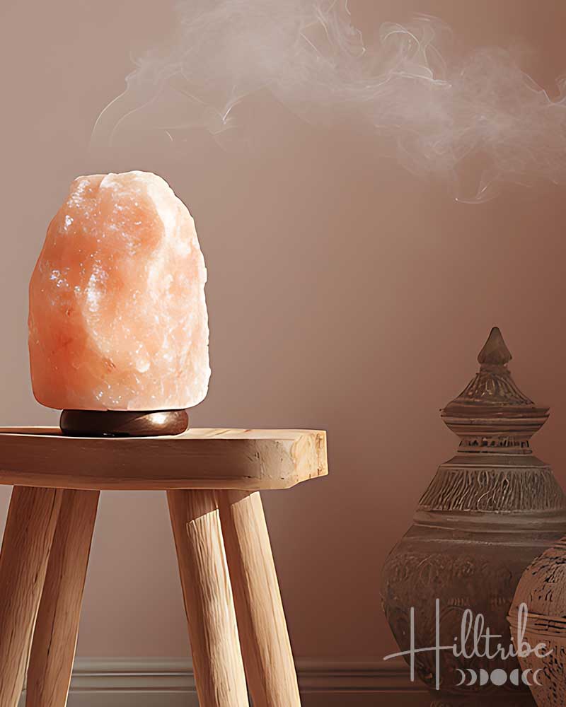 Himalayan salt lamp emitting steam on a wooden stool with 'Hilltribe' branding.