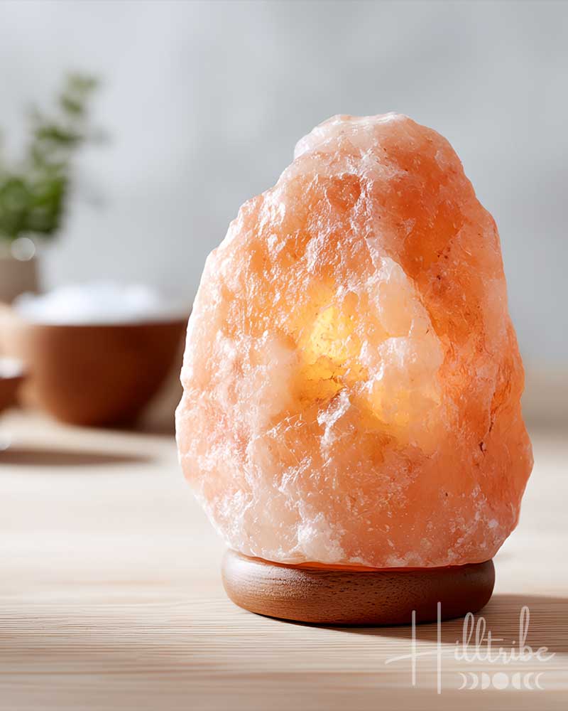 Himalayan salt lamp on a wooden surface with a blurred background