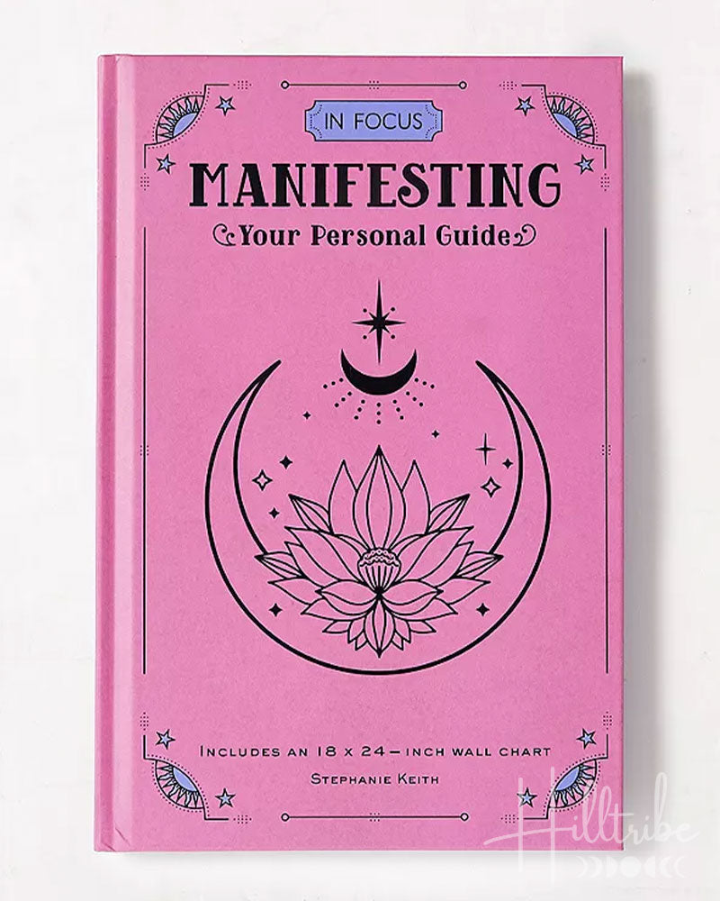 Pink book titled 'Manifesting Your Personal Guide' with a lotus flower and moon design on a white background.