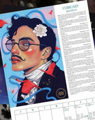 An illustrated February Aquarius astrology card featuring a stylized portrait of a man with glasses, a white flower in his hair, and a red bow tie, alongside a column of astrological text on a light blue background.