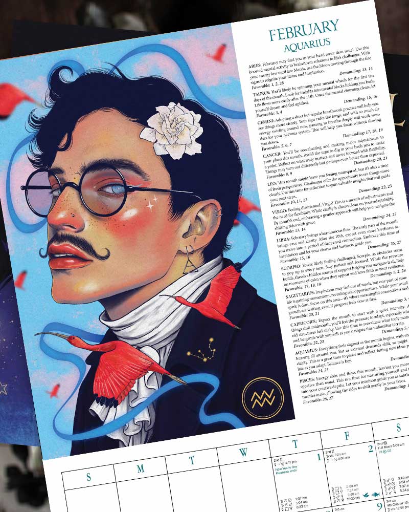 An illustrated February Aquarius astrology card featuring a stylized portrait of a man with glasses, a white flower in his hair, and a red bow tie, alongside a column of astrological text on a light blue background.