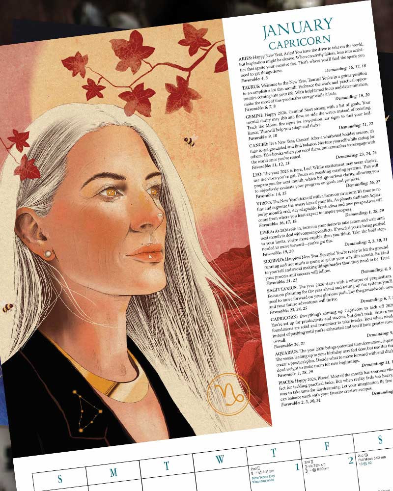 A January Capricorn calendar page featuring a stylized portrait of a woman with long white hair, red leaves, and a column of text, above a full monthly calendar grid.