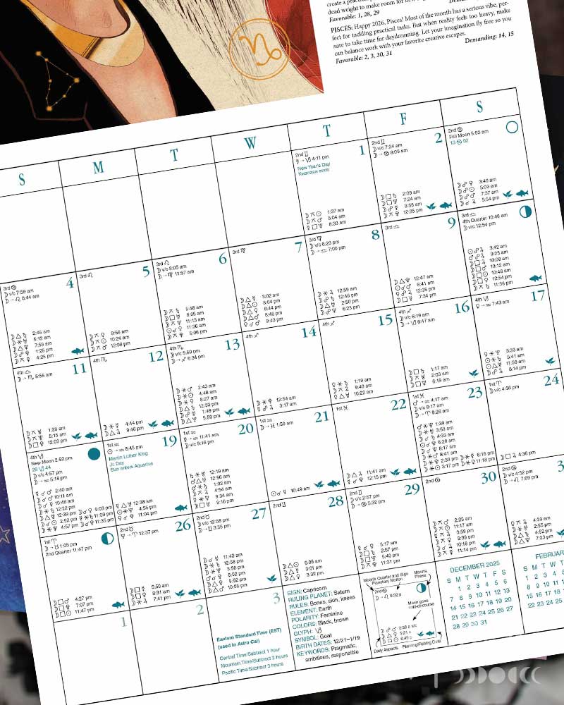 A January Capricorn calendar page featuring a stylized portrait of a woman with long white hair, red leaves, and a column of text, above a full monthly calendar grid.