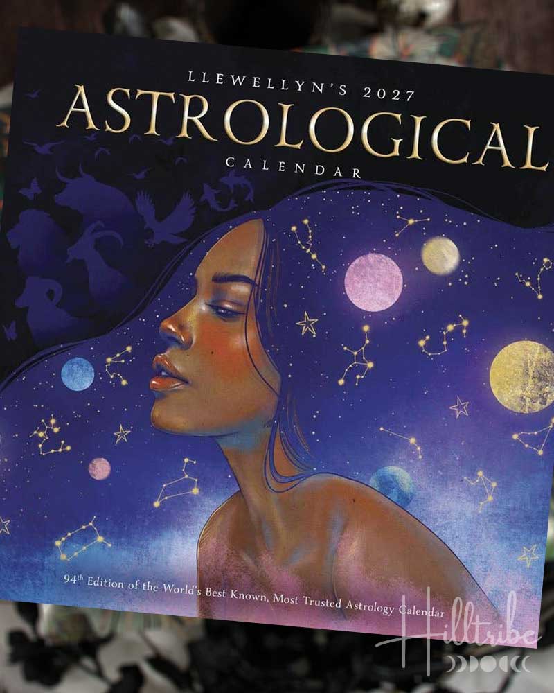 Llewellyn's 2027 Astrological Calendar cover with a woman's face and celestial elements.