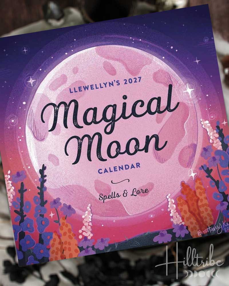 Llewellyn’s 2027 Magical Moon calendar cover with a pink moon and floral design on a purple background