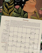An illustrated monthly calendar page for January, from Llewellyn’s 2027 Magical Moon calendar featuring a dark celestial and botanical design with a woman's profile, moon, stars, zodiac symbols, flowers, and leaves above a beige calendar grid with text.