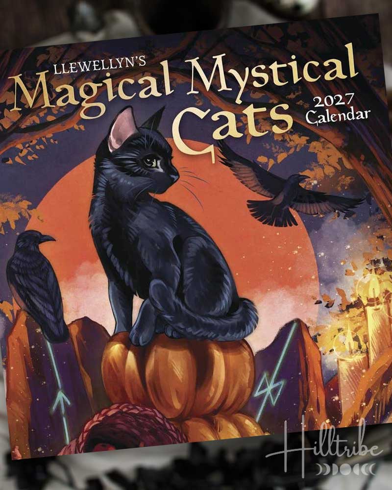 Llewellyn's Magical Mystical Cats 2027 Calendar cover featuring a black cat sitting on a pumpkin stack in front of a large orange moon, with crows, autumn leaves, and candles in the background.