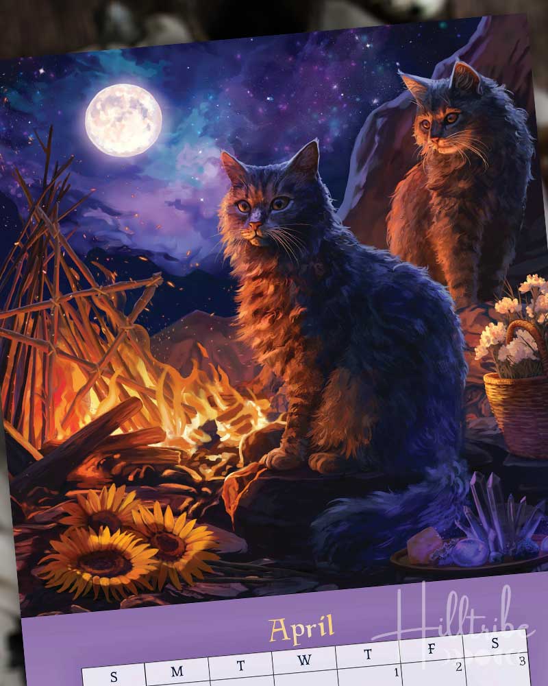 A vertical monthly calendar page for April, featuring a fantasy-style illustration of two cats around a campfire under a full moon on a purple background. The top section shows the illustrated scene, and the bottom section shows a grid layout for days of the week with blank spaces for writing and a small monthly calendar inset at the bottom right.