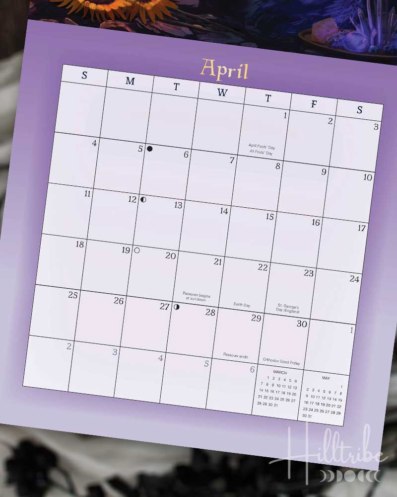 A vertical monthly calendar page for April, featuring a fantasy-style illustration of two cats around a campfire under a full moon on a purple background. The top section shows the illustrated scene, and the bottom section shows a grid layout for days of the week with blank spaces for writing and a small monthly calendar inset at the bottom right.