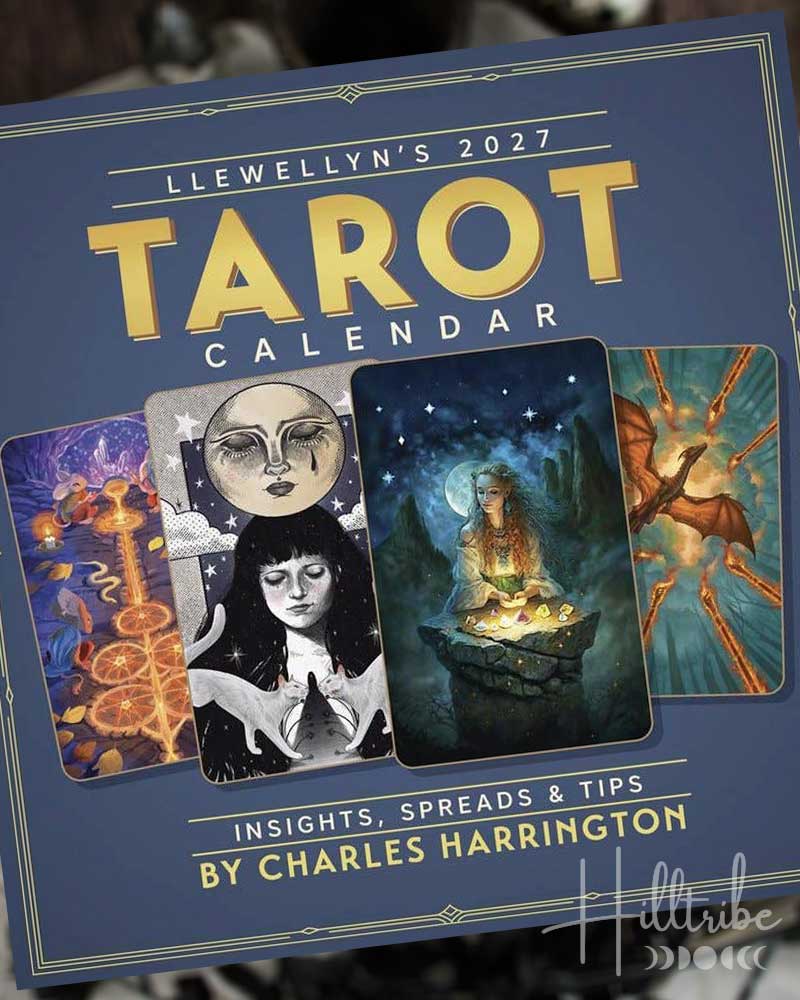 Llewellyn's 2027 Tarot Calendar cover with tarot card illustrations and text.