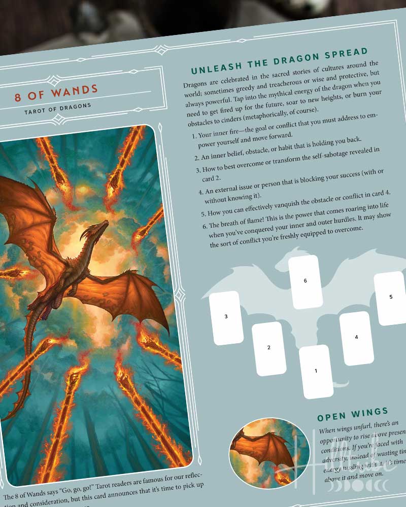 A tarot card guide page for '8 of Wands' from the 'TAROT OF DRAGONS' deck, featuring a large illustration of a fiery orange dragon on the left and instructional text and white card templates on the right.