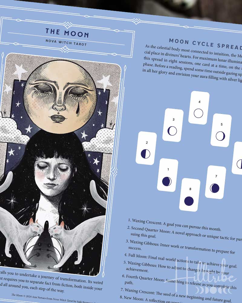 Nova Witch Tarot 'The Moon' card spread sheet with an illustrated central card, four numbered card examples, and explanatory text on a light blue background.
