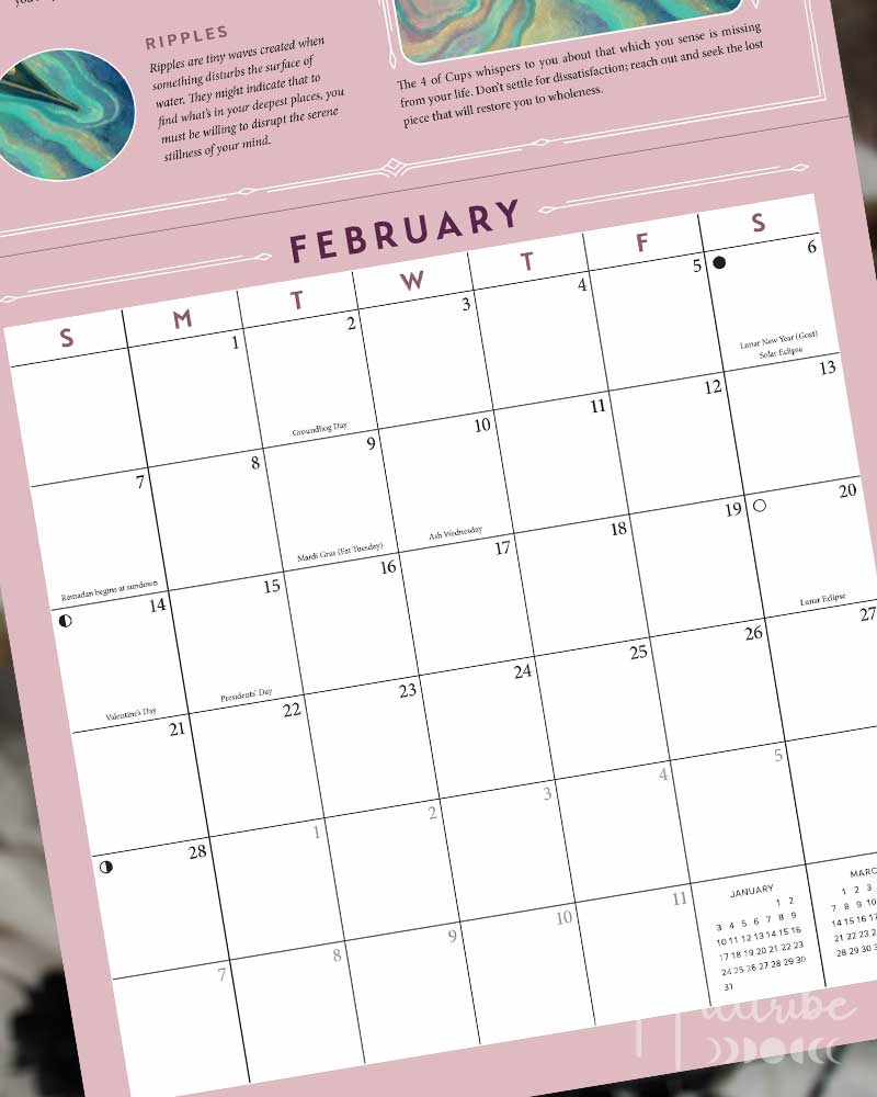 A pink February calendar page featuring inspirational quotes, circular artwork, and a large fantasy illustration of a figure in a boat on water, with a monthly grid at the bottom.