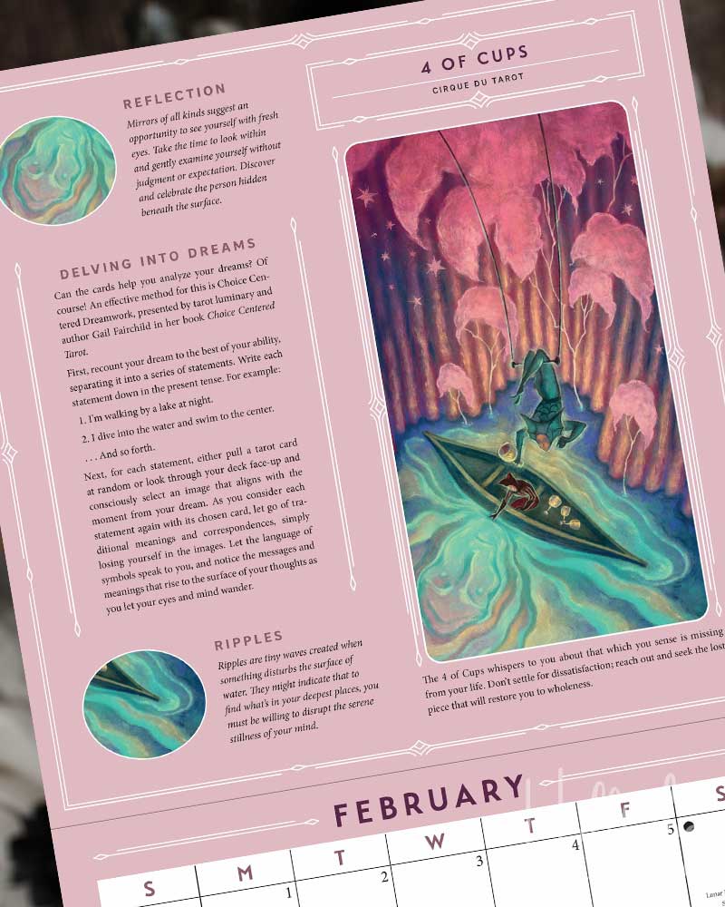 A pink February calendar page featuring inspirational quotes, circular artwork, and a large fantasy illustration of a figure in a boat on water, with a monthly grid at the bottom.