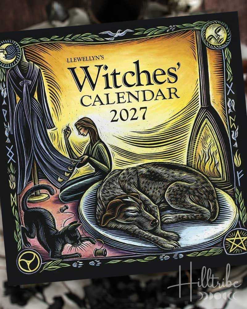 Llewellyn's Witches' Calendar 2027 cover featuring a witch sitting by a fire with a cat on a plate, illustrated in a vintage fantasy style with a black border and decorative symbols.