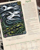 April 2027 page of Llewellyn's 2027 Witches Calendar featuring a detailed Art Nouveau style illustration of a flying bird with a wave pattern, alongside a monthly calendar grid and text columns on a beige background.