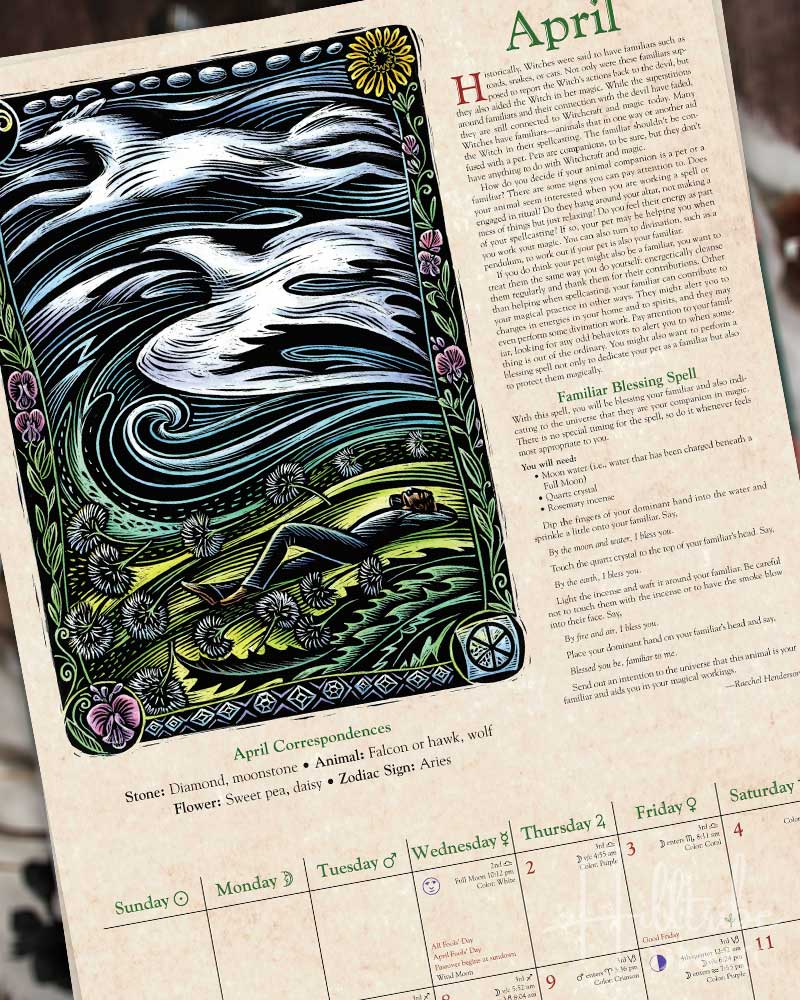 April 2027 page of Llewellyn's 2027 Witches Calendar featuring a detailed Art Nouveau style illustration of a flying bird with a wave pattern, alongside a monthly calendar grid and text columns on a beige background.
