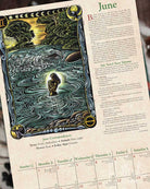 June 2027 page of Llewellyn's 2027 Witches Calendar featuring a detailed Art Nouveau style illustration featuring a central illustration of a woman in a boat on stylized water waves, with moon phases, a sun, and a monthly calendar grid below on a beige parchment-like background.