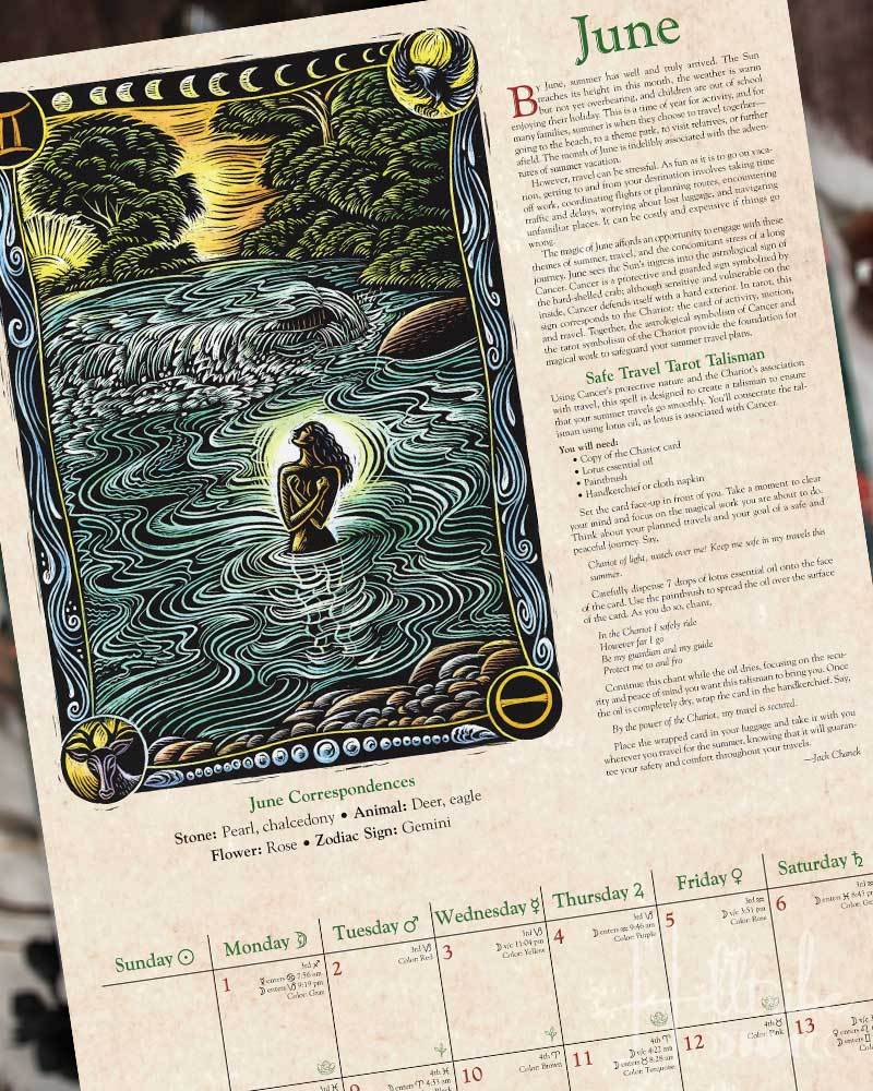 June 2027 page of Llewellyn's 2027 Witches Calendar featuring a detailed Art Nouveau style illustration featuring a central illustration of a woman in a boat on stylized water waves, with moon phases, a sun, and a monthly calendar grid below on a beige parchment-like background.