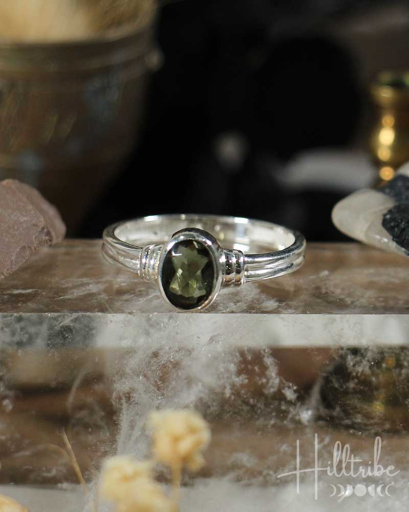 Oval faceted Moldavite sterling silver ring