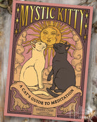 Cover of 'Mystic Kitty: A Cat's Guide to Meditation' with two cats and a sun design.