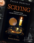 Book titled 'Pagan Portals Scrying' with a candle and crystal ball on a dark background