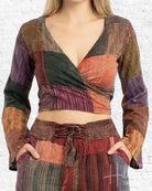 Rastra Bell Sleeve Wrap Top in Burgundy patches