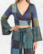 Rastra Bell Sleeve Wrap Top in teal patches