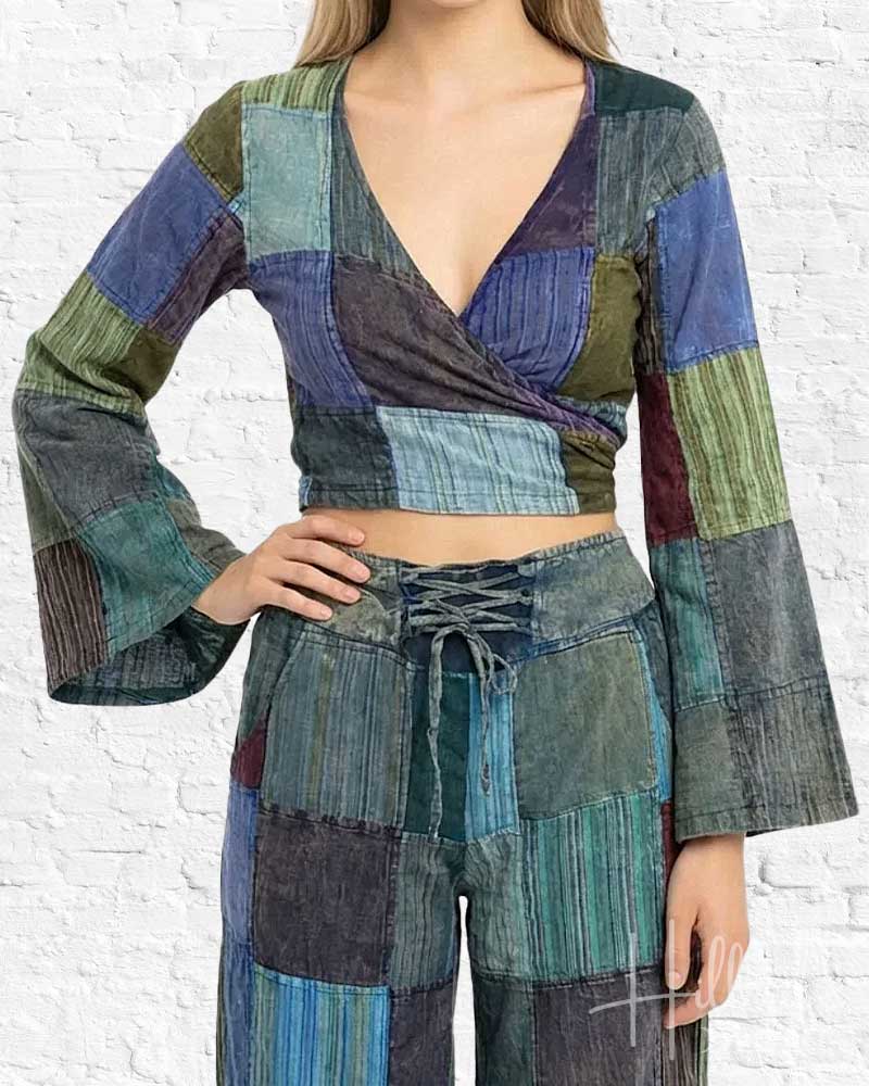 Rastra Bell Sleeve Wrap Top in teal patches