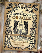 Deck cover of 'The Runes & Roots Oracle' with crow illustrations and decorative text on a textured background.