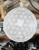 Transparent selenite crystal with Flower of Life pattern on a wooden surface with dried plants.