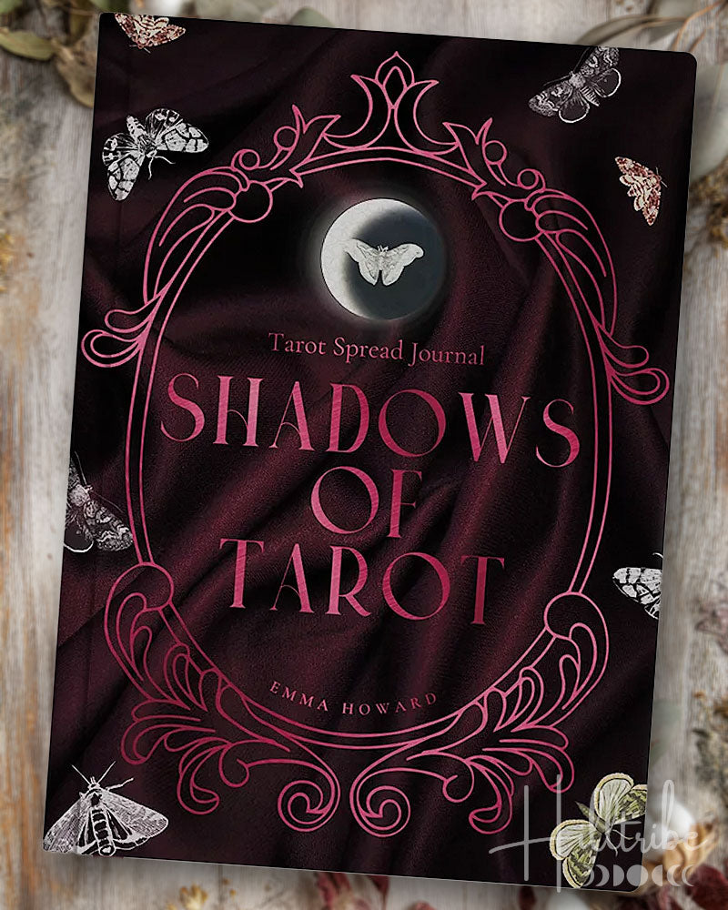 Tarot Spread Journal titled 'Shadows of Tarot' by Emma Howard on a dark background with butterfly illustrations.