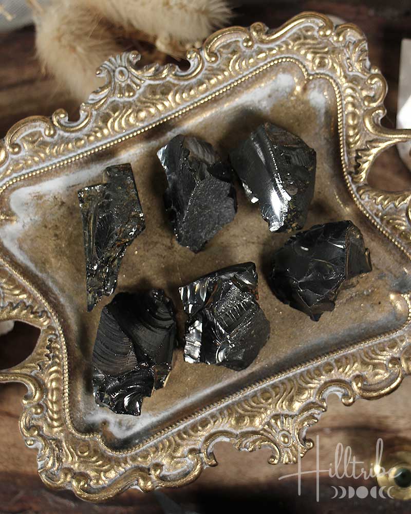 Natural Elite Noble Shungite rocks on a decorative tray with 'Hilltribe' branding.