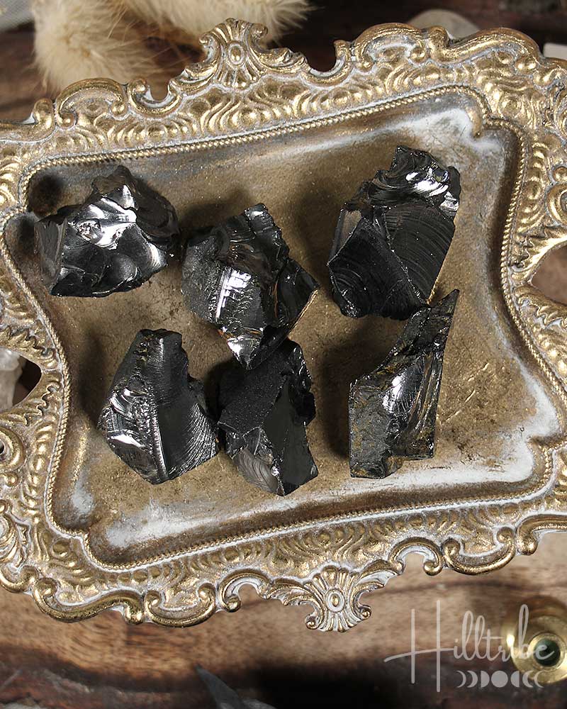 Natural Elite Noble Shungite rocks on a decorative tray with 'Hilltribe' branding.